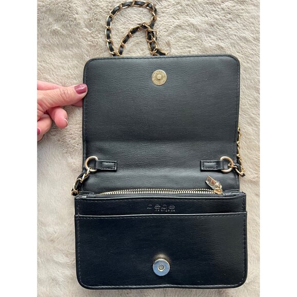 Bebe Quilted Black Leather Crossbody Purse With Gold Chain Strap & Rhinestone Lo - Picture 7 of 15